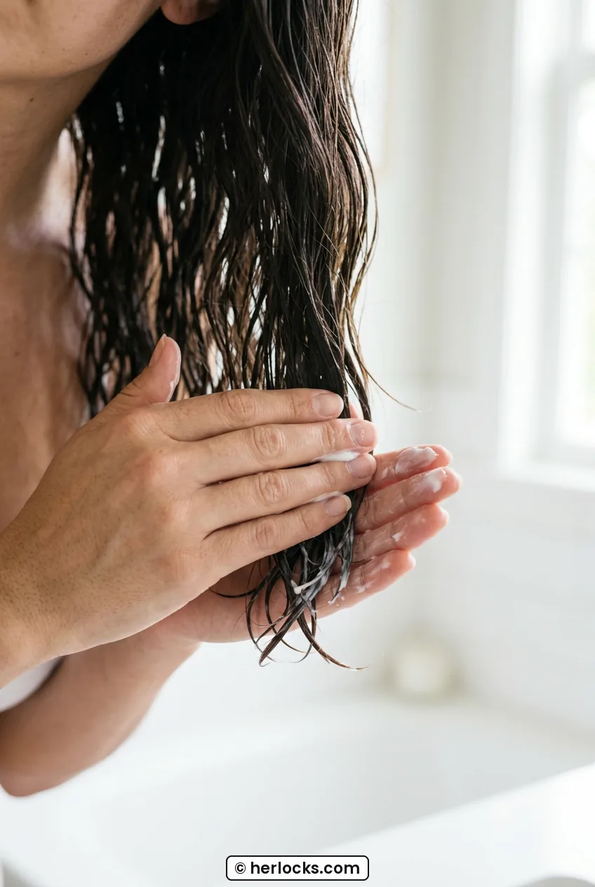 Woman applying leave-in cream to ends of damp long hair in bright bathroom