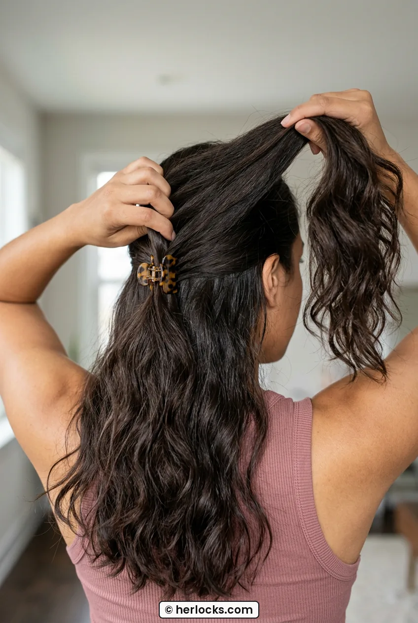 Back view of woman holding crown section up while sectioning hair