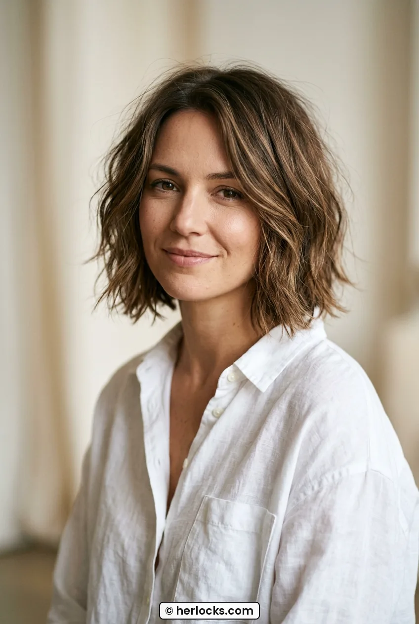 Woman with medium brown air-dried layered bob showing natural bend and lived-in texture