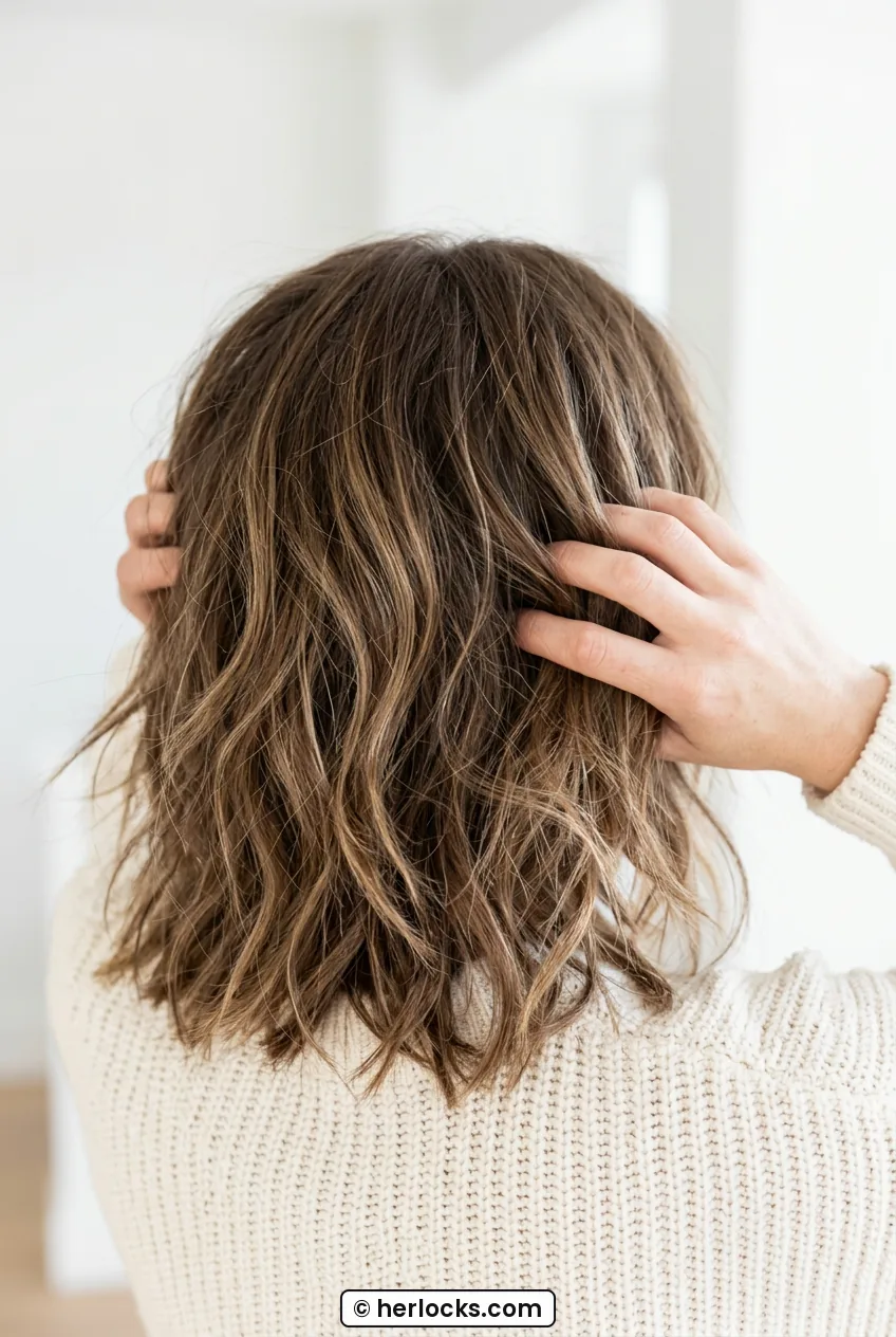 Over shoulder view of finished textured layered lob showing movement in bright light