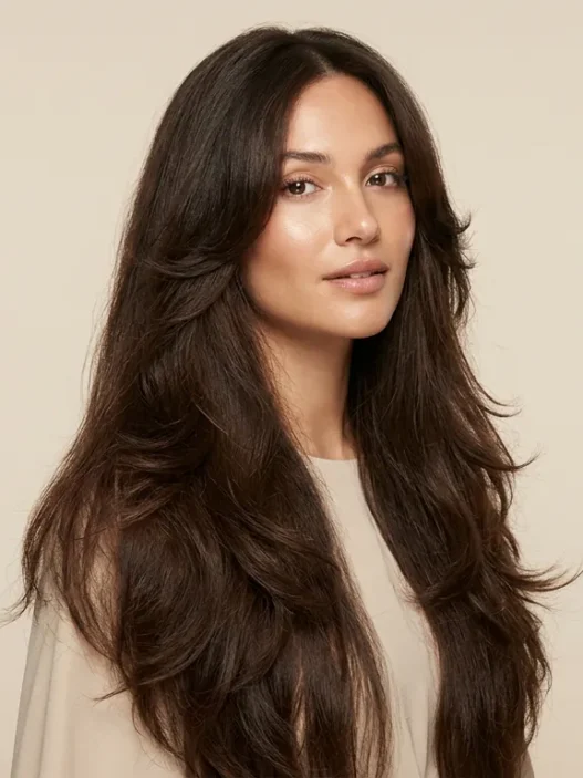 Woman with very long dark brown butterfly haircut and soft face framing layers in studio light