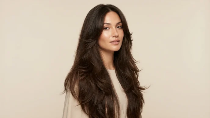 Woman with very long dark brown butterfly haircut and soft face framing layers in studio light