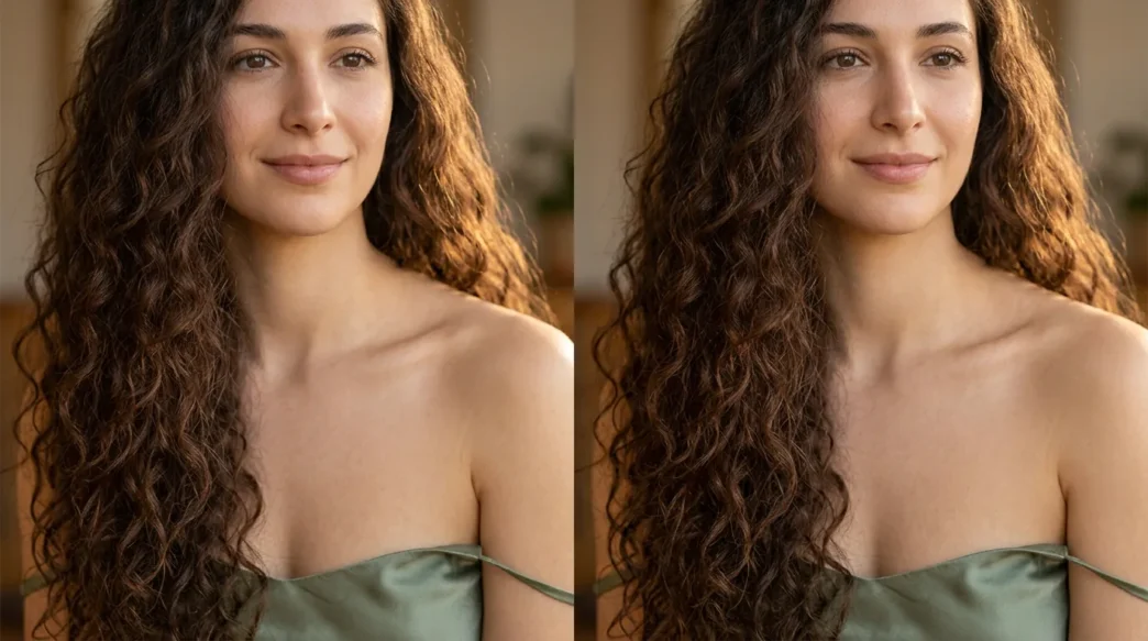 Woman with very long dark brown curls past chest in golden side lighting
