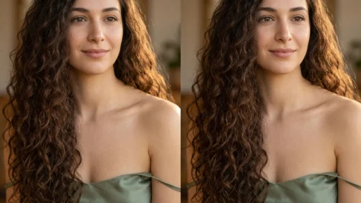 Woman with very long dark brown curls past chest in golden side lighting