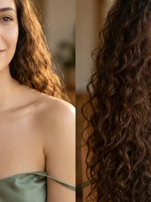 Woman with very long dark brown curls past chest in golden side lighting