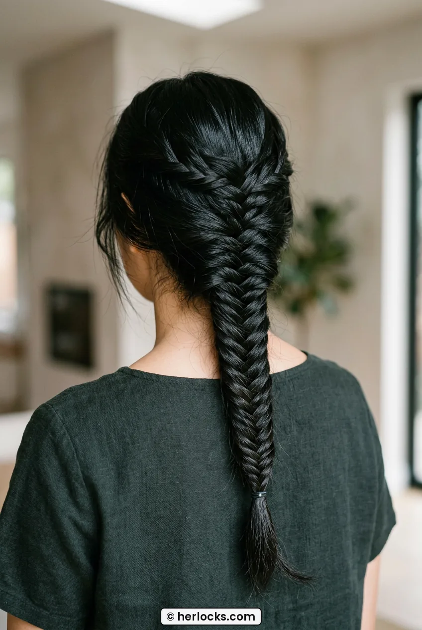 Back view of woman with long black hair in detailed fishtail braid