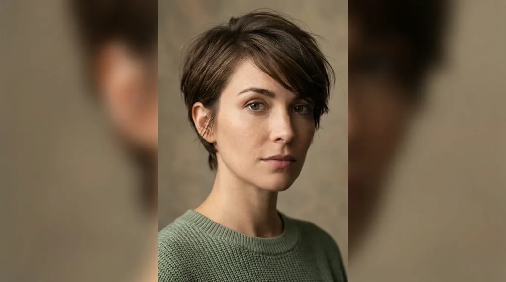 Woman with long textured pixie haircut and forward swept top in soft studio light