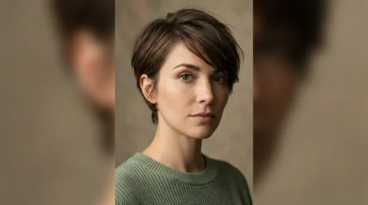 Woman with long textured pixie haircut and forward swept top in soft studio light