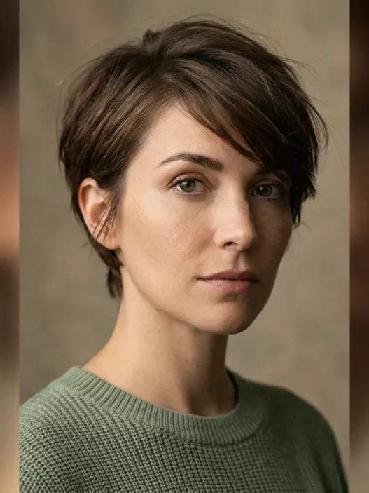 Woman with long textured pixie haircut and forward swept top in soft studio light