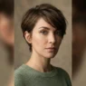 Woman with long textured pixie haircut and forward swept top in soft studio light