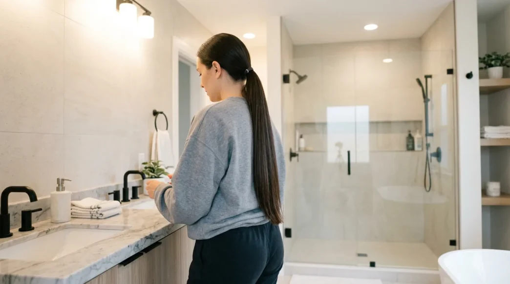 Woman with long sleek low ponytail standing in bright bathroom with vanity lights