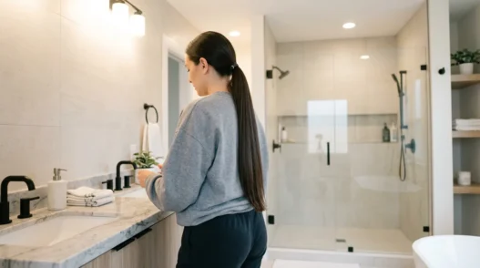 Woman with long sleek low ponytail standing in bright bathroom with vanity lights