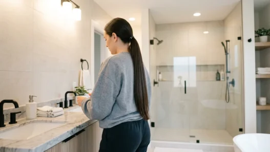 Woman with long sleek low ponytail standing in bright bathroom with vanity lights