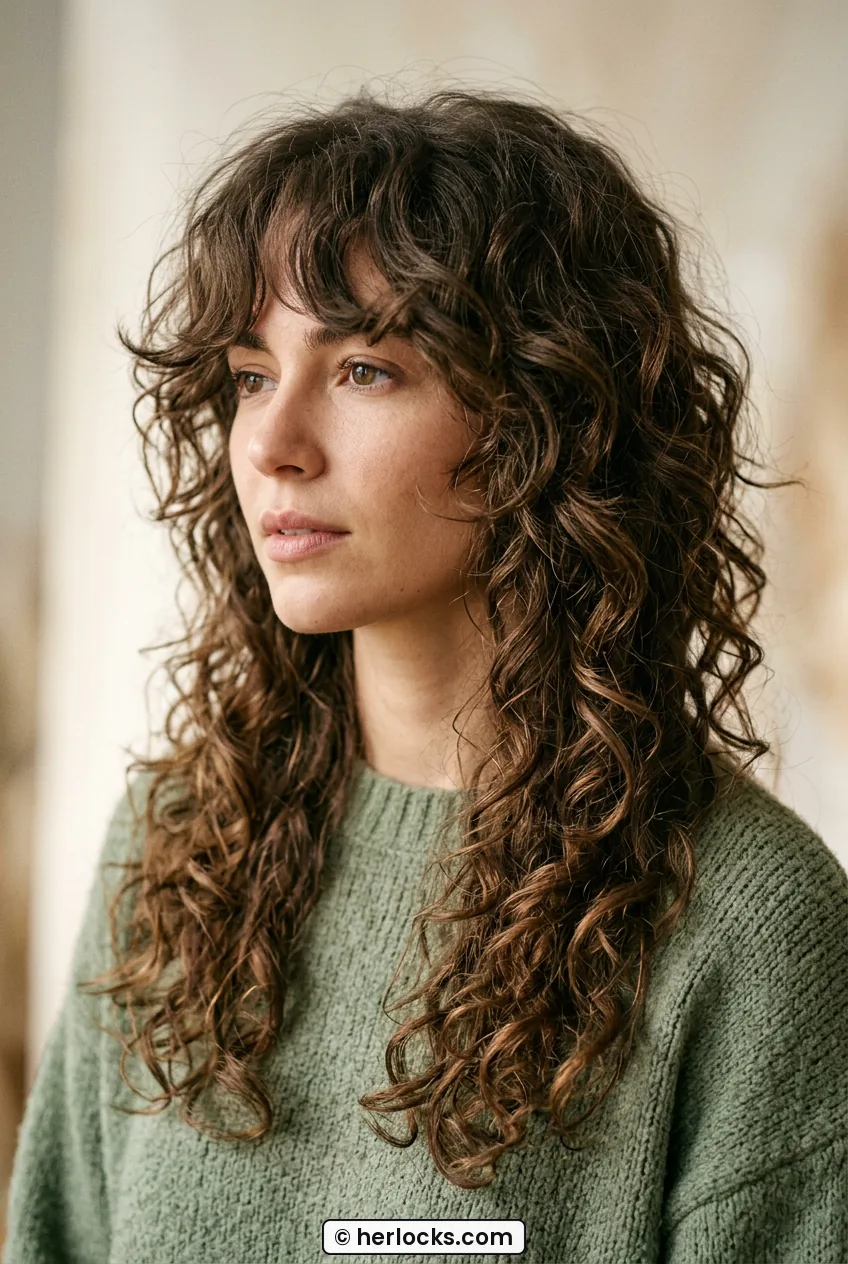 Woman with long curly wolf cut showing tapered ends and face framing