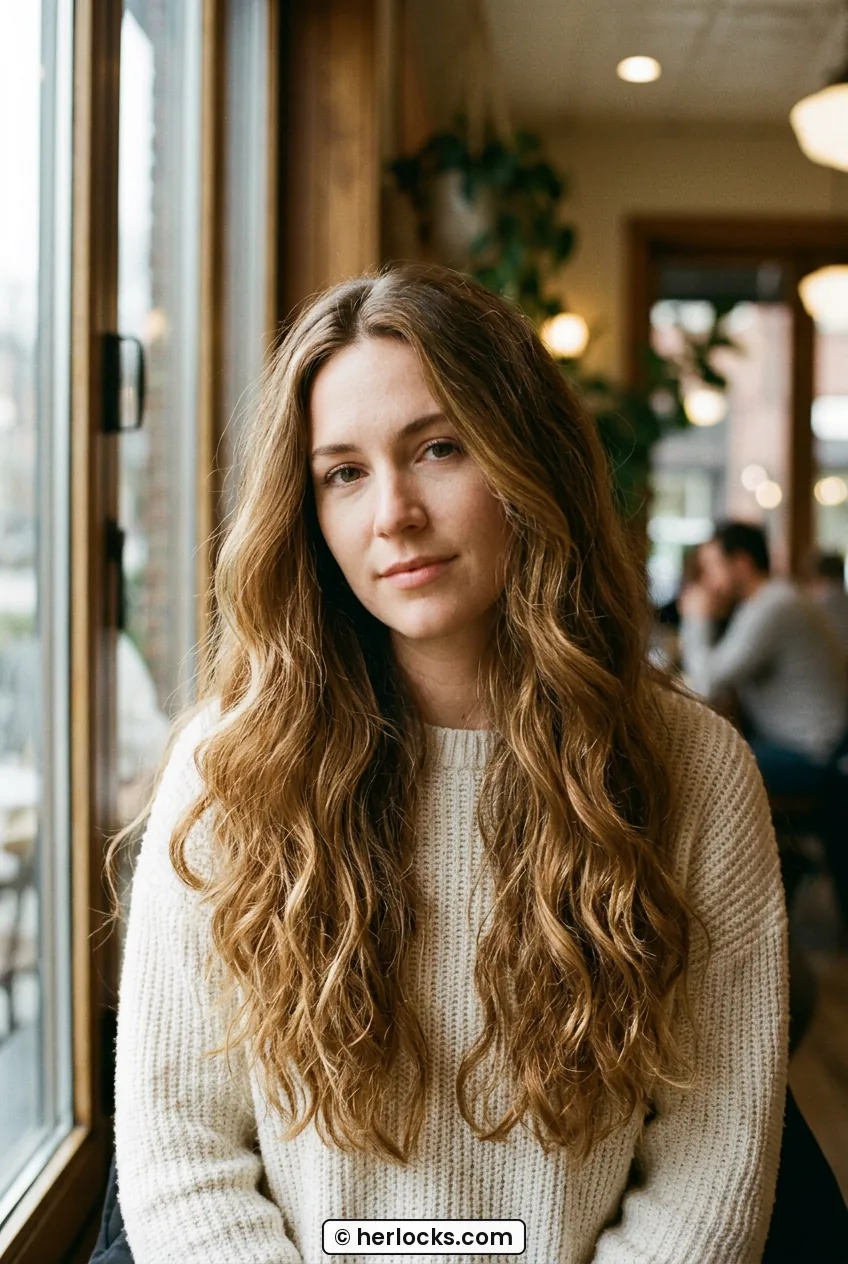 Woman with long loose brushed waves falling past shoulders in chest up view