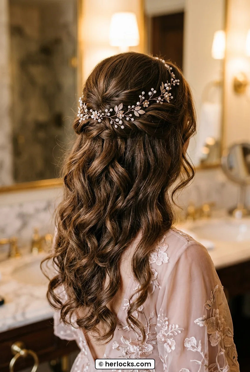 Woman with romantic loose curls and delicate hair vine from behind