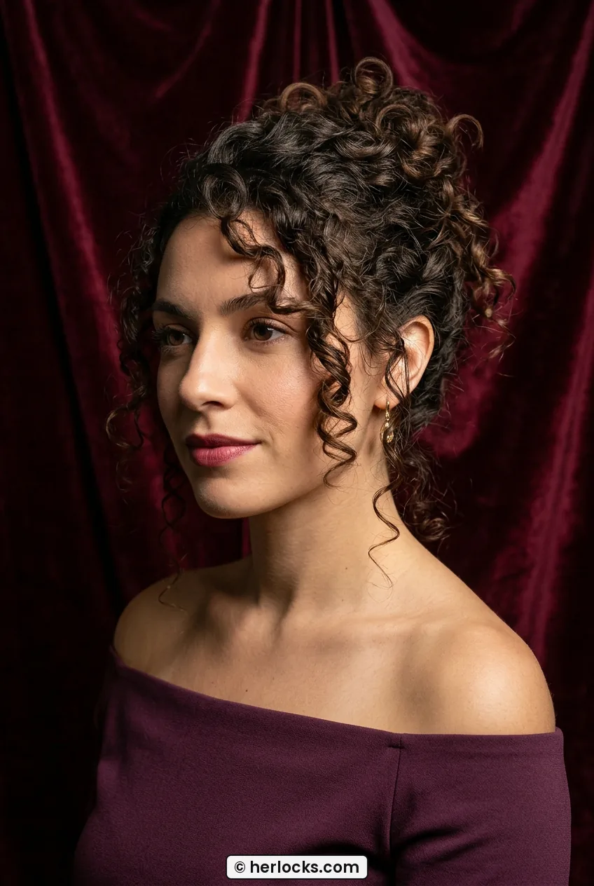 Woman with medium natural curls gathered in loose pinned updo with volume at crown