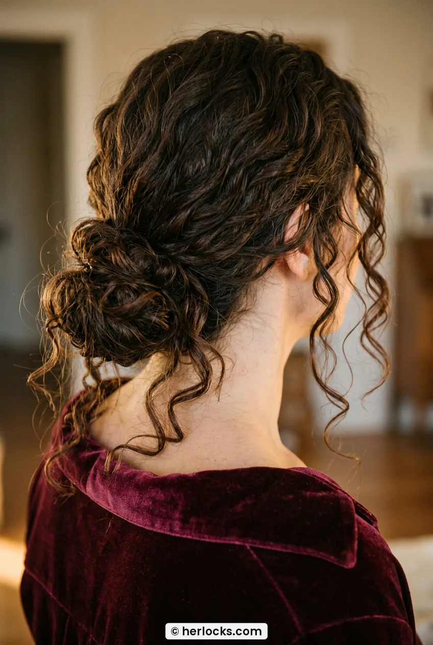 Woman with long dark curls in loose low bun with soft pieces left out