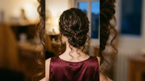 Woman with long dark curly hair in loose low twisted updo viewed from behind
