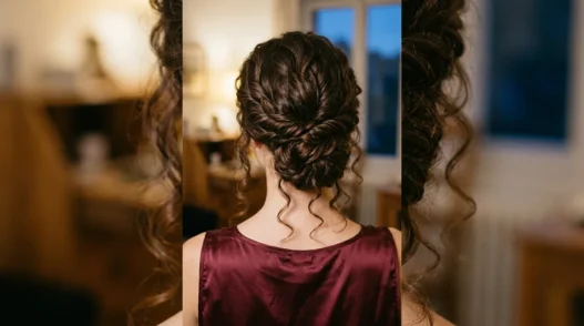 Woman with long dark curly hair in loose low twisted updo viewed from behind