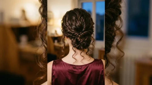 Woman with long dark curly hair in loose low twisted updo viewed from behind