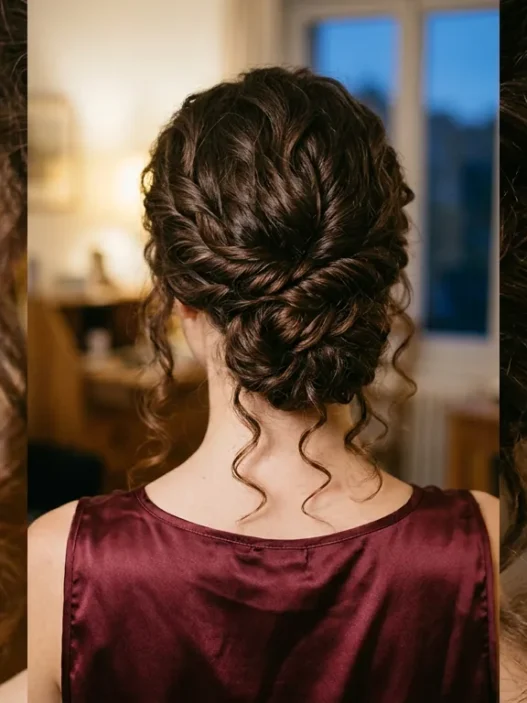 Woman with long dark curly hair in loose low twisted updo viewed from behind