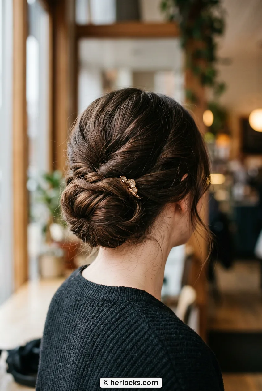 Back view of woman with low chignon updo with gold pin near cafe window