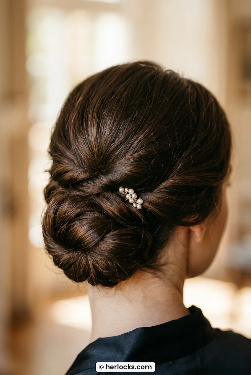 Close view of low sculpted chignon at nape with small pearl pin detail