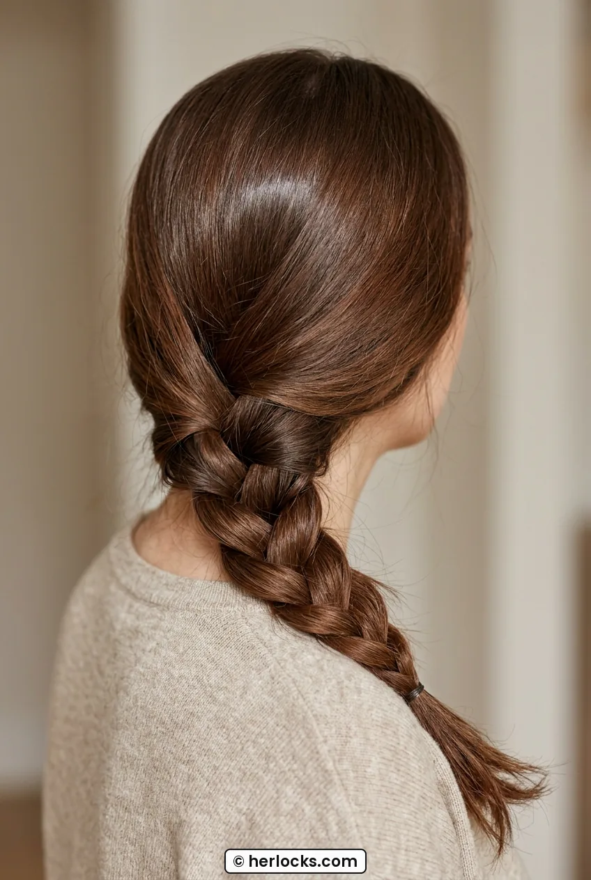 Woman with long chestnut hair in loose low three strand braid over shoulder