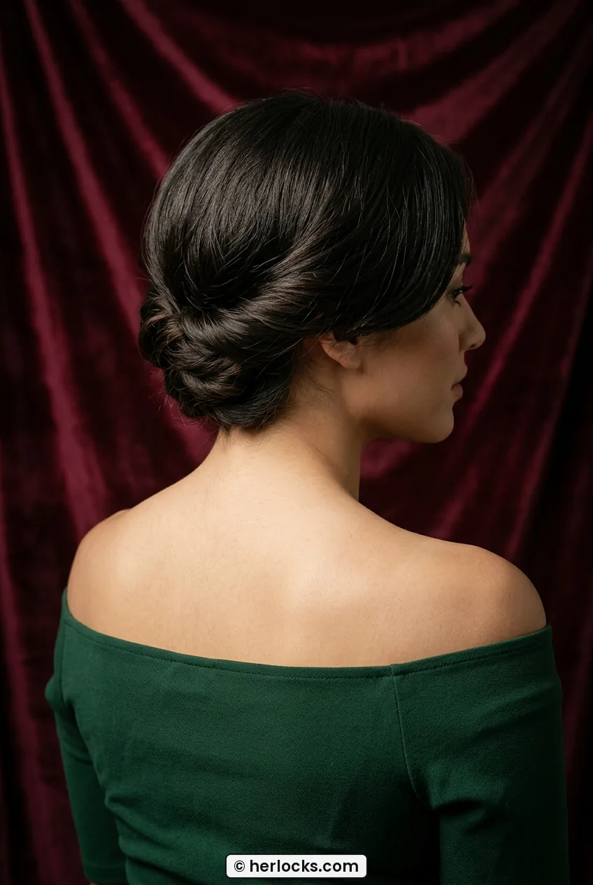Back view of woman with short bob pinned into low faux twist updo