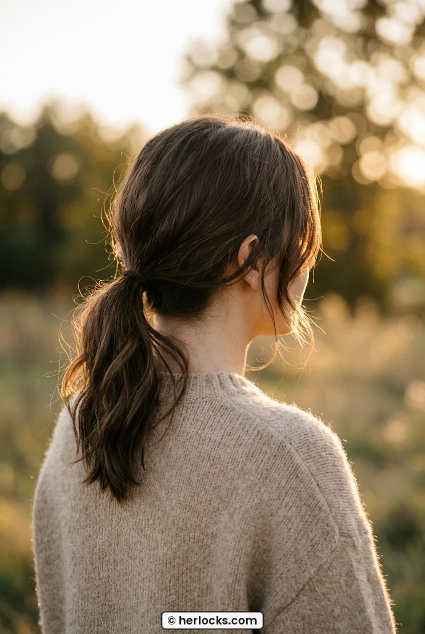 Woman with low loose ponytail at nape showing soft face pieces outdoors