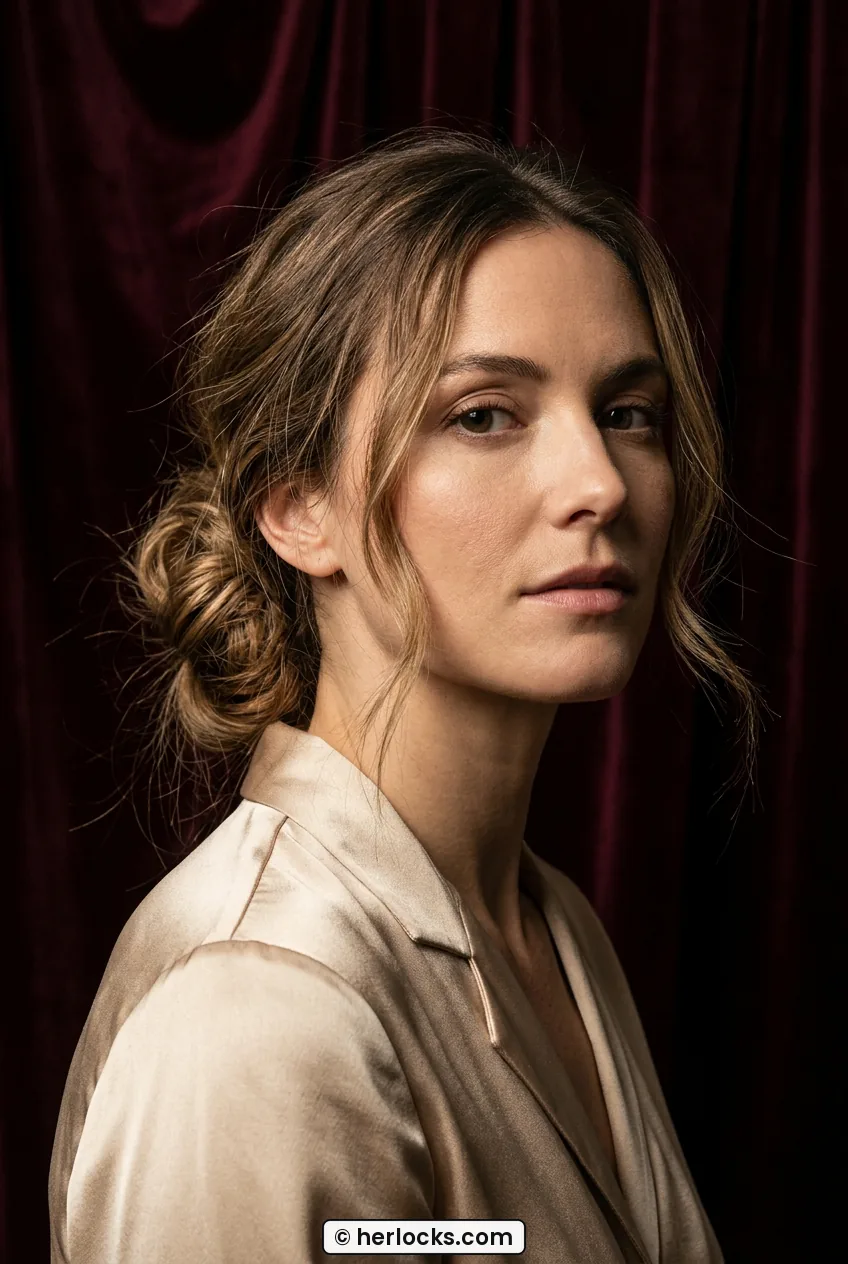 Woman with low loose blonde chignon and soft face framing wisps in studio portrait
