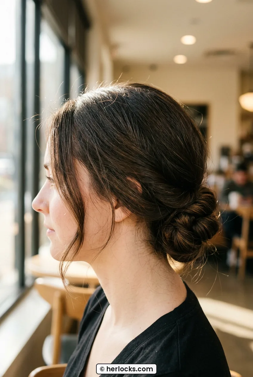 Woman with low twisted bun at the nape showing soft face framing pieces in profile