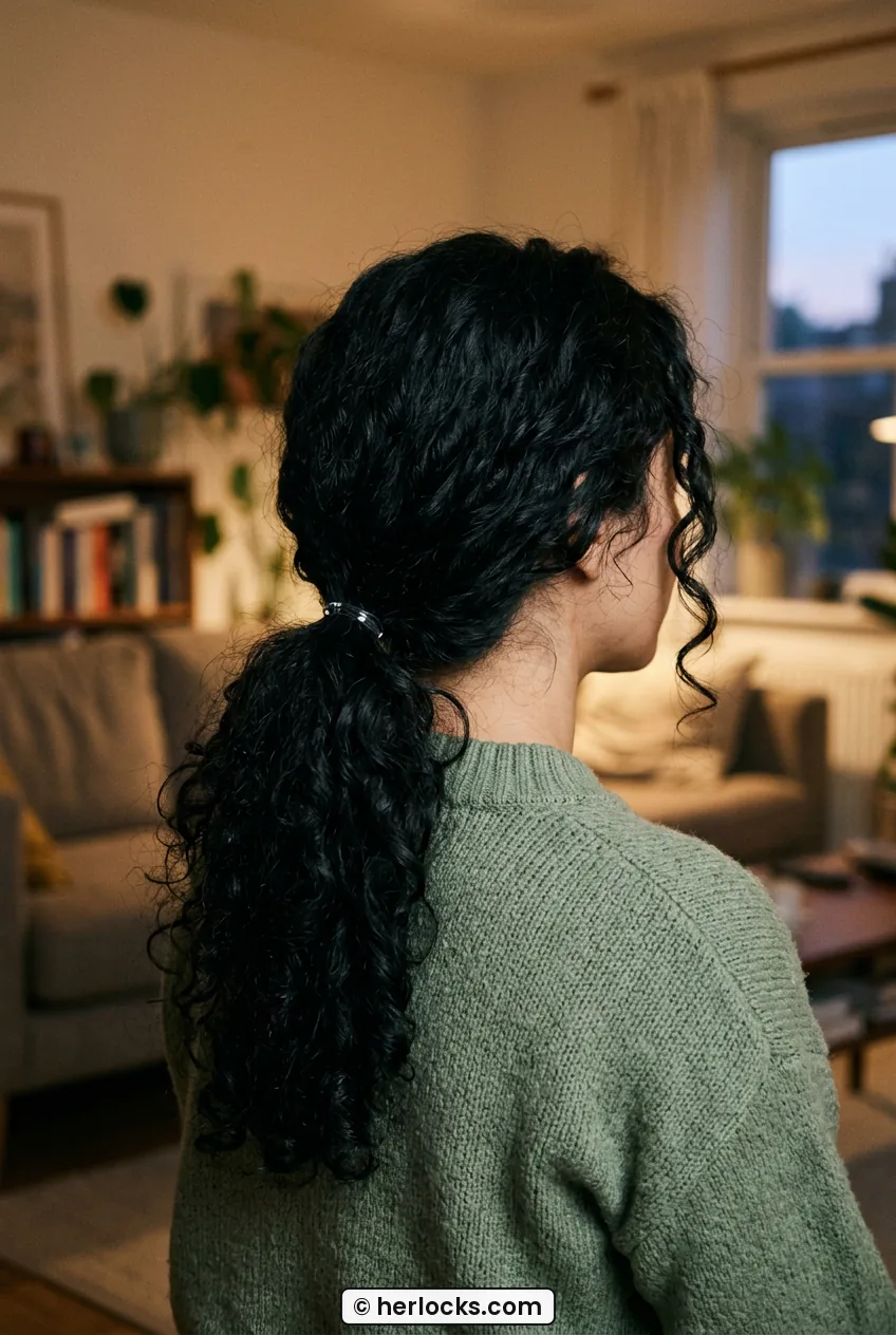 Woman with long curly hair gathered in loose low ponytail at the nape