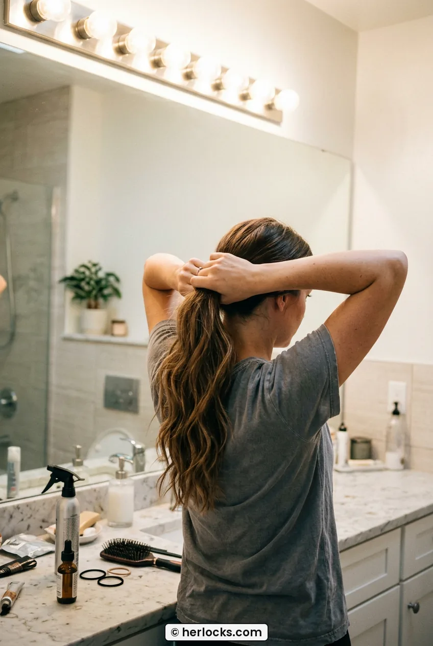 Woman styling long hair into low ponytail in bright bathroom with products on counter
