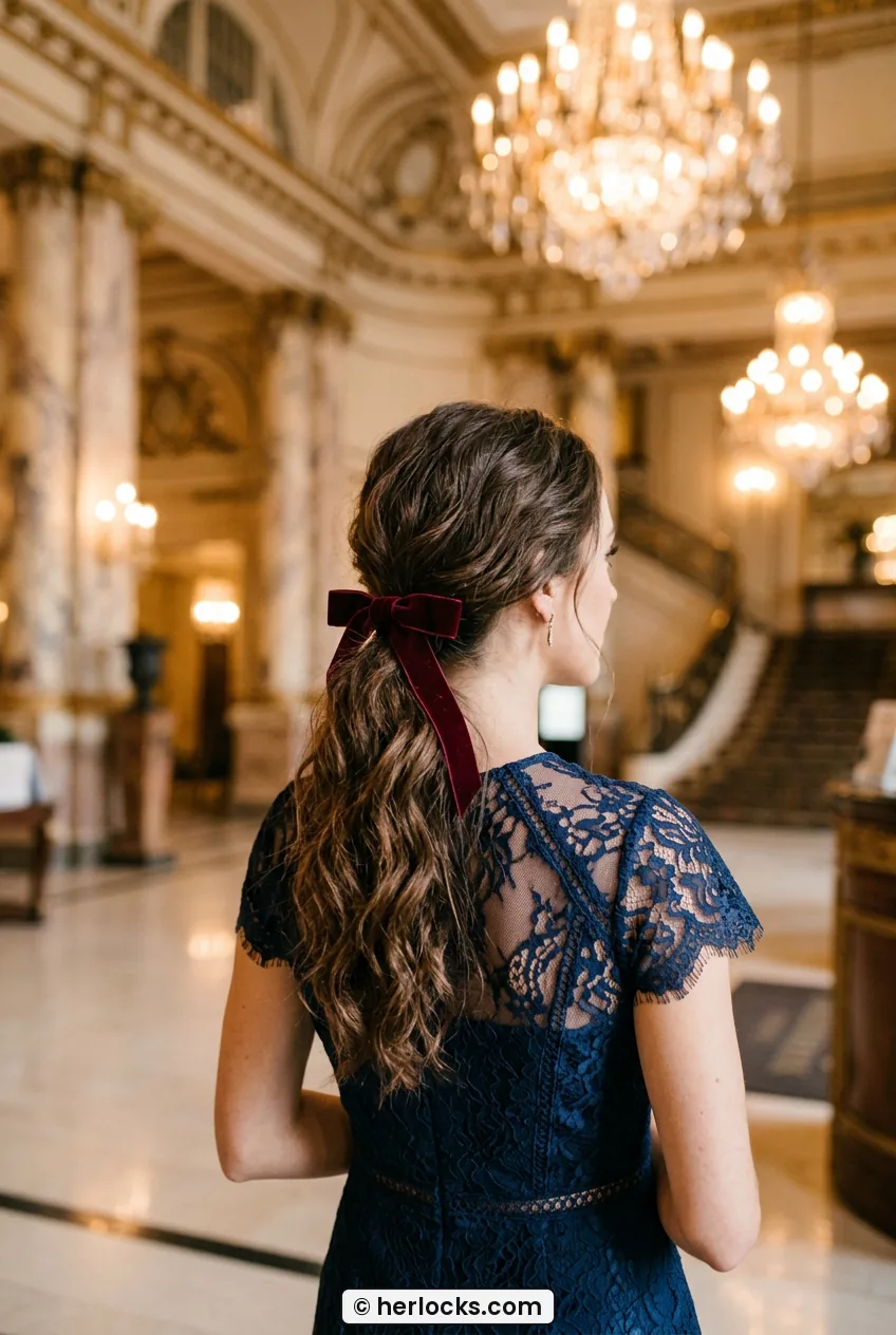 Back view of woman with low textured ponytail tied with burgundy velvet bow