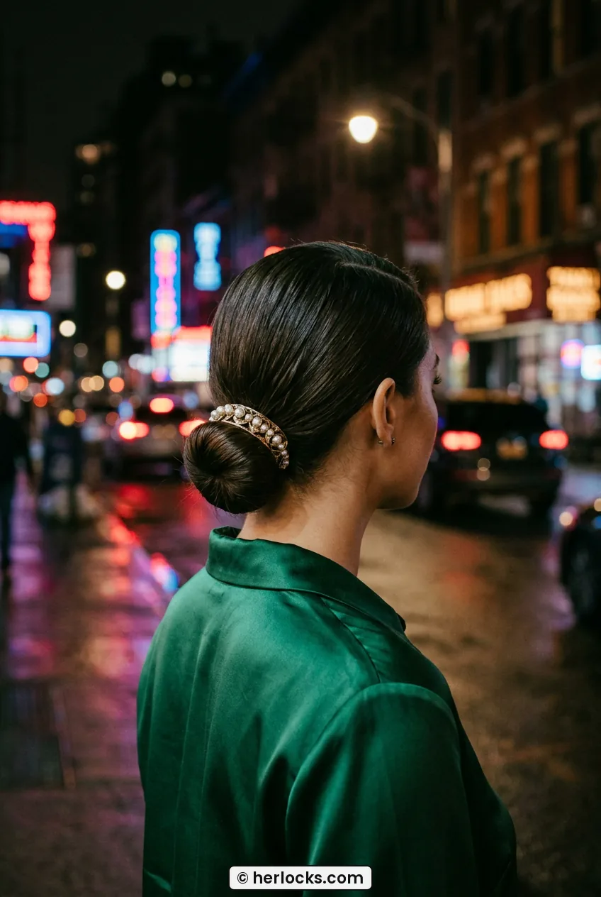 Woman with low sleek bun at nape with side part from behind