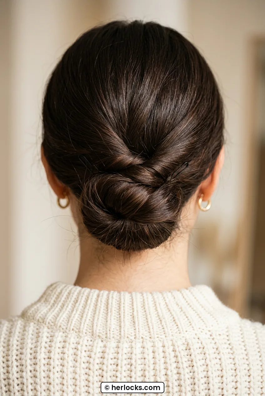 Close back view of low twisted bun secured with pins at nape