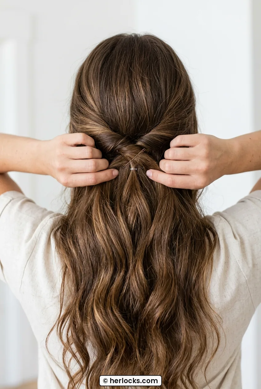 Back view of low crossed half-up twist secured with elastic and pins