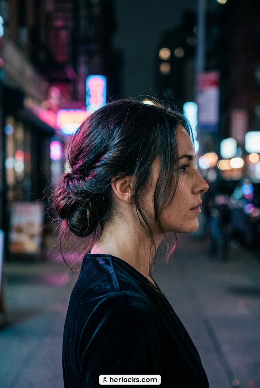 Woman with low twisted chignon and soft face framing pieces at night