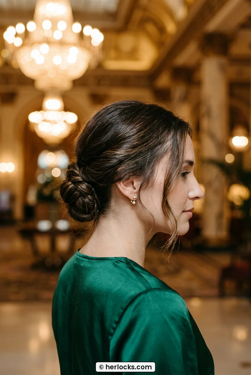 Side view of woman with low twisted chignon showing soft face framing pieces
