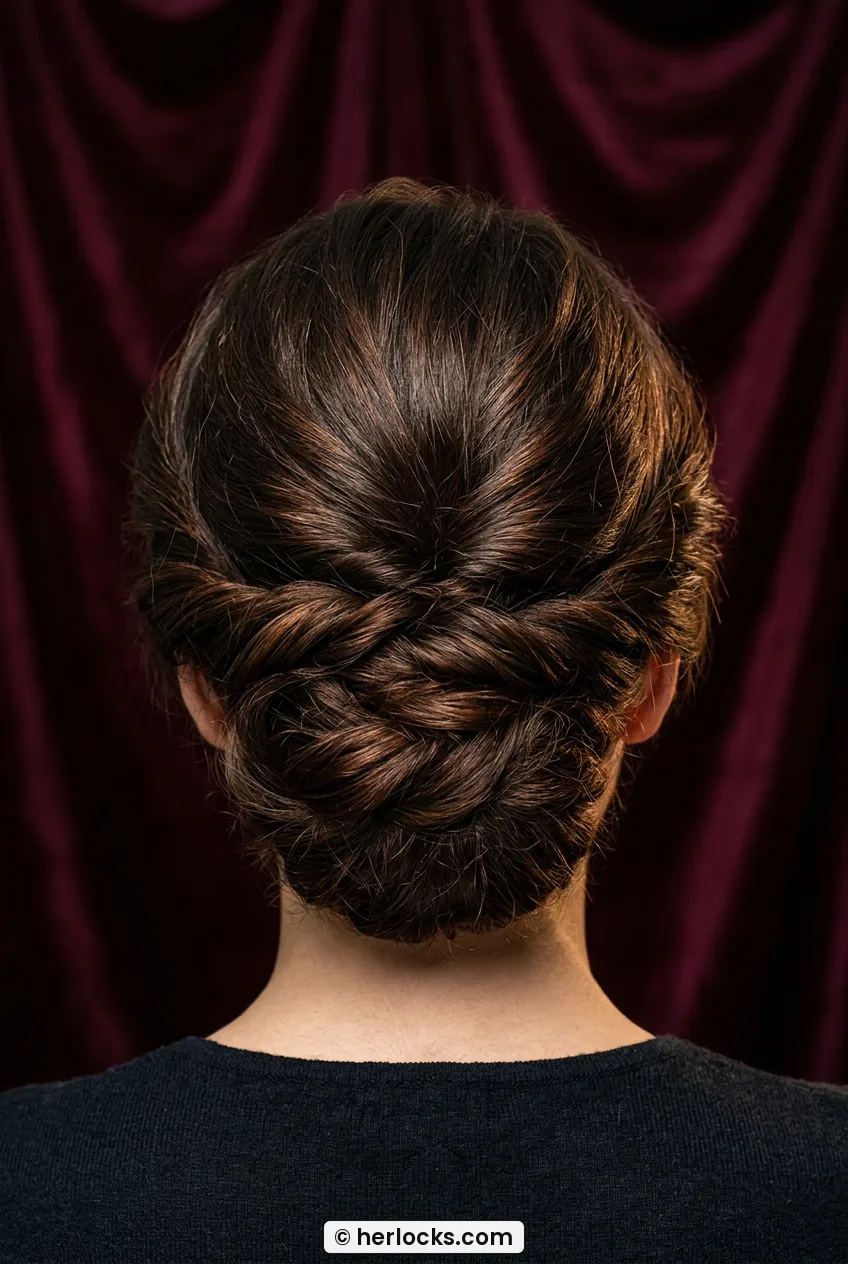 Back view of woman with low twisted chignon illusion on short chestnut hair