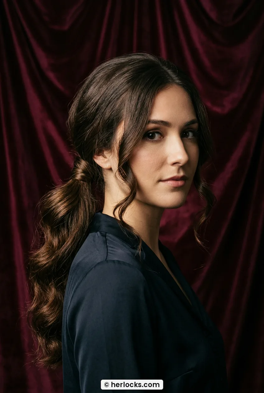 Woman with low soft curled ponytail over one shoulder with wrapped base in dark hair