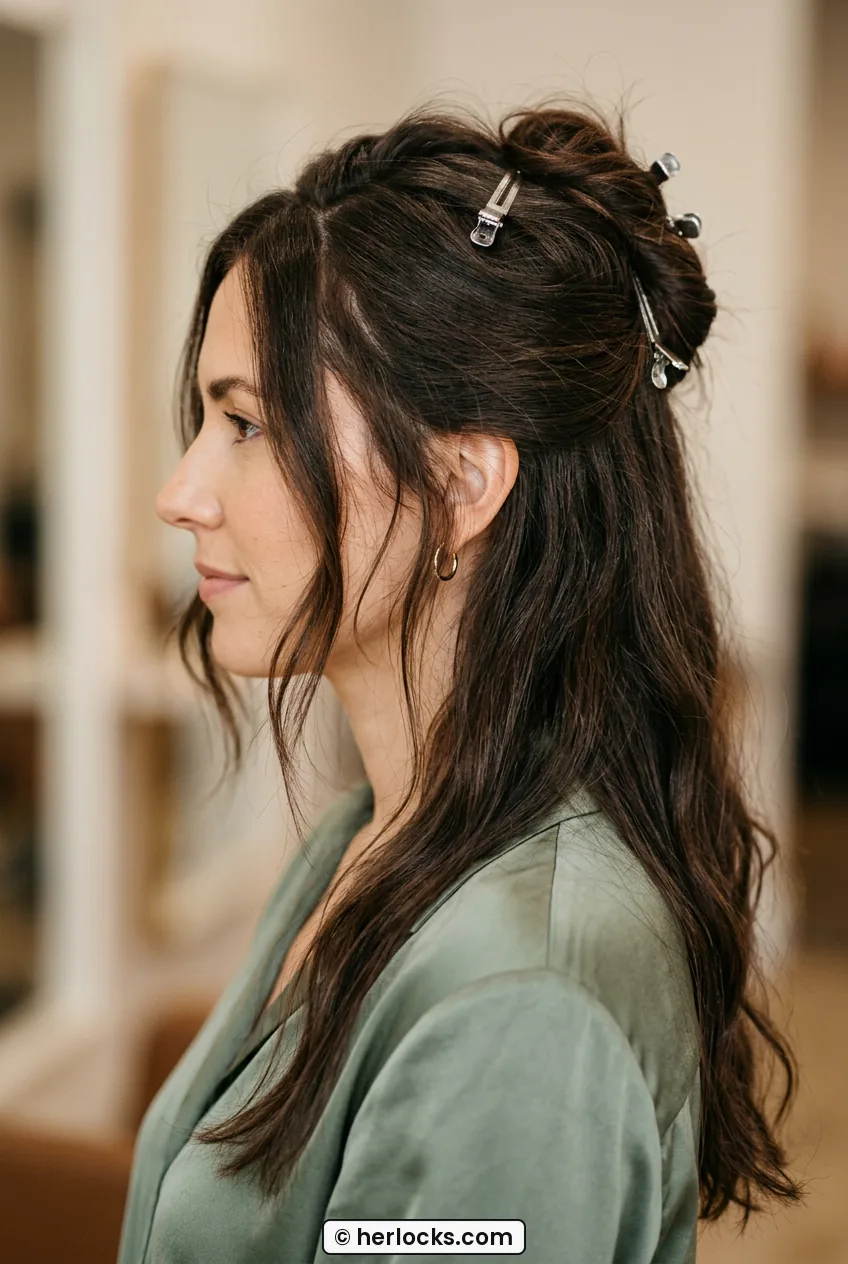 Side profile of woman with parted long hair clipped at crown with pieces out