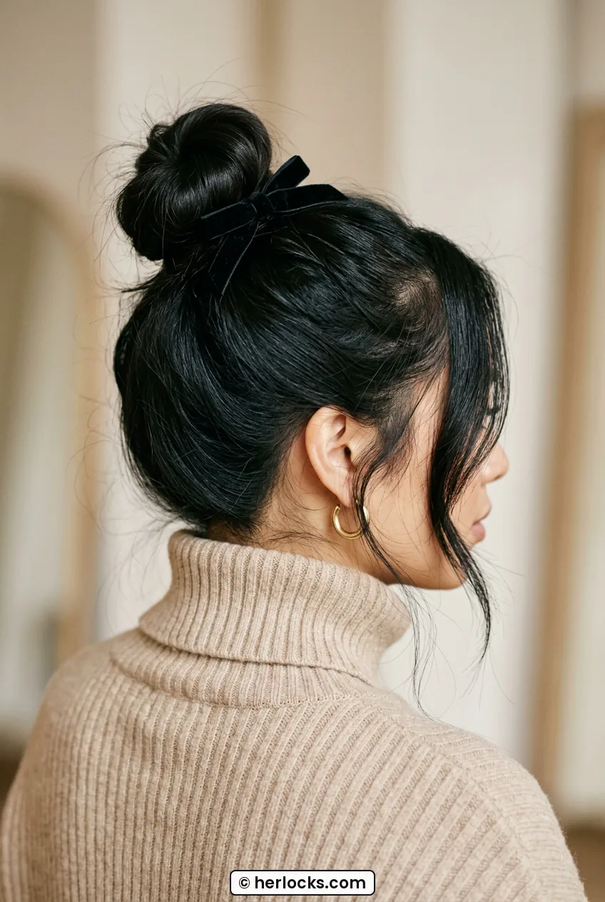 Woman with messy black top knot and velvet bow wearing beige turtleneck