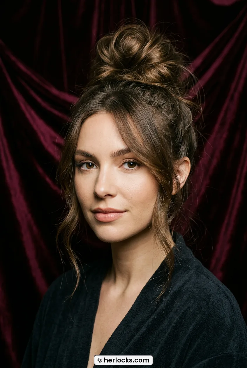 Woman with high messy top knot and soft front pieces in studio portrait