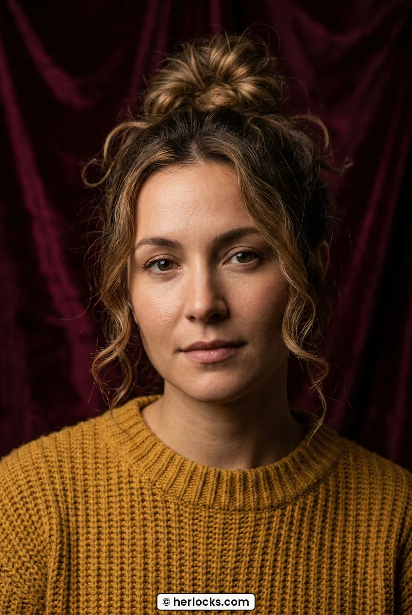 Woman with medium caramel hair in messy top knot with soft curled front tendrils