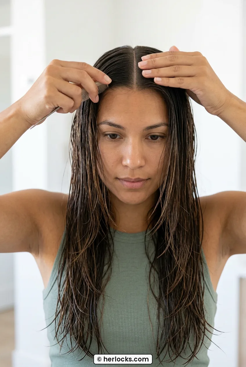 Woman parting damp long layered hair down the middle with fine tooth comb