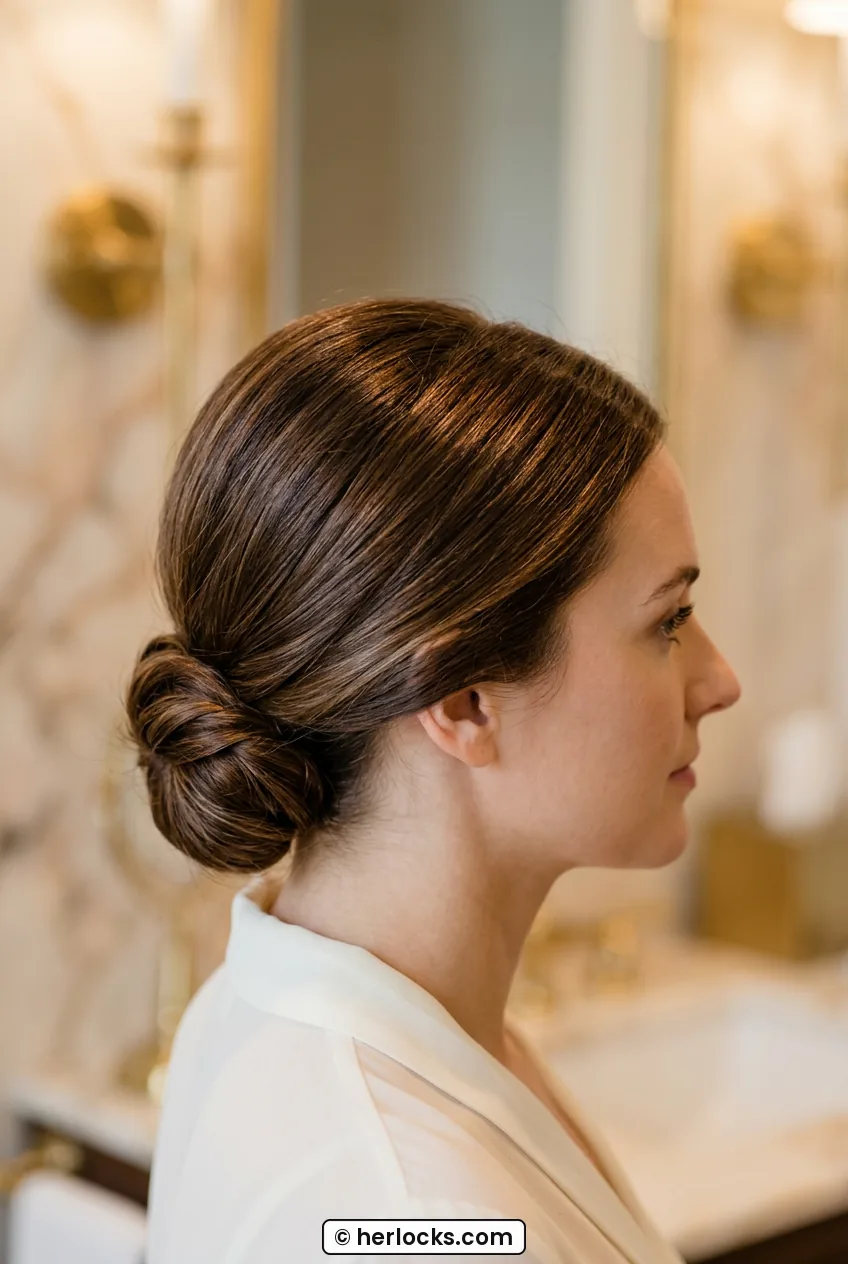 Woman in side profile wearing clean middle part low chignon at nape