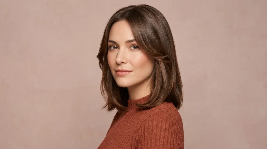 Woman with glossy collarbone brunette hair and soft face framing layers in studio light